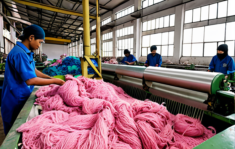 A textile recycling factory in Shah Alam, Malaysia, showing workers sorting and processing textile waste into new, high-quality yarn. Focus on the machinery and the transformation process.