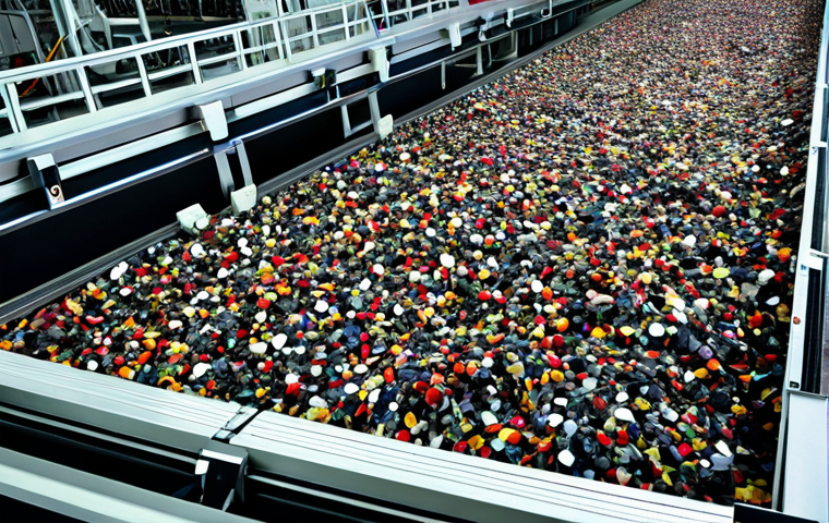 A modern textile recycling facility, showcasing the intricate process of separating mixed textile waste. A large mountain of colorful discarded clothing and fabrics is being precisely sorted by advanced robotic arms equipped with optical and infrared sensors, moving materials onto conveyor belts. The scene highlights innovative sorting technology in action, professional photography, high-resolution, sharp focus, realistic texture, perfect anatomy, correct proportions, natural pose, well-formed hands, proper finger count, natural body proportions, safe for work, appropriate content, fully clothed, professional, modest.