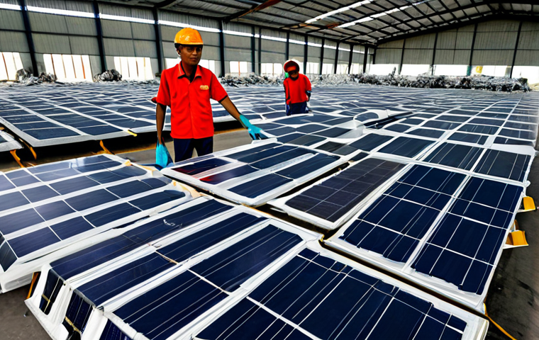 Modern Textile Recycling Center**
"A bustling, modern textile recycling center in Shah Alam, Malaysia. Workers in appropriate attire sort through piles of clothing. Advanced machinery efficiently processes the materials. Solar panels on the roof power the facility. Safe for work, appropriate content, fully clothed workers, professional environment, perfect anatomy, natural proportions, family-friendly, high quality."
**