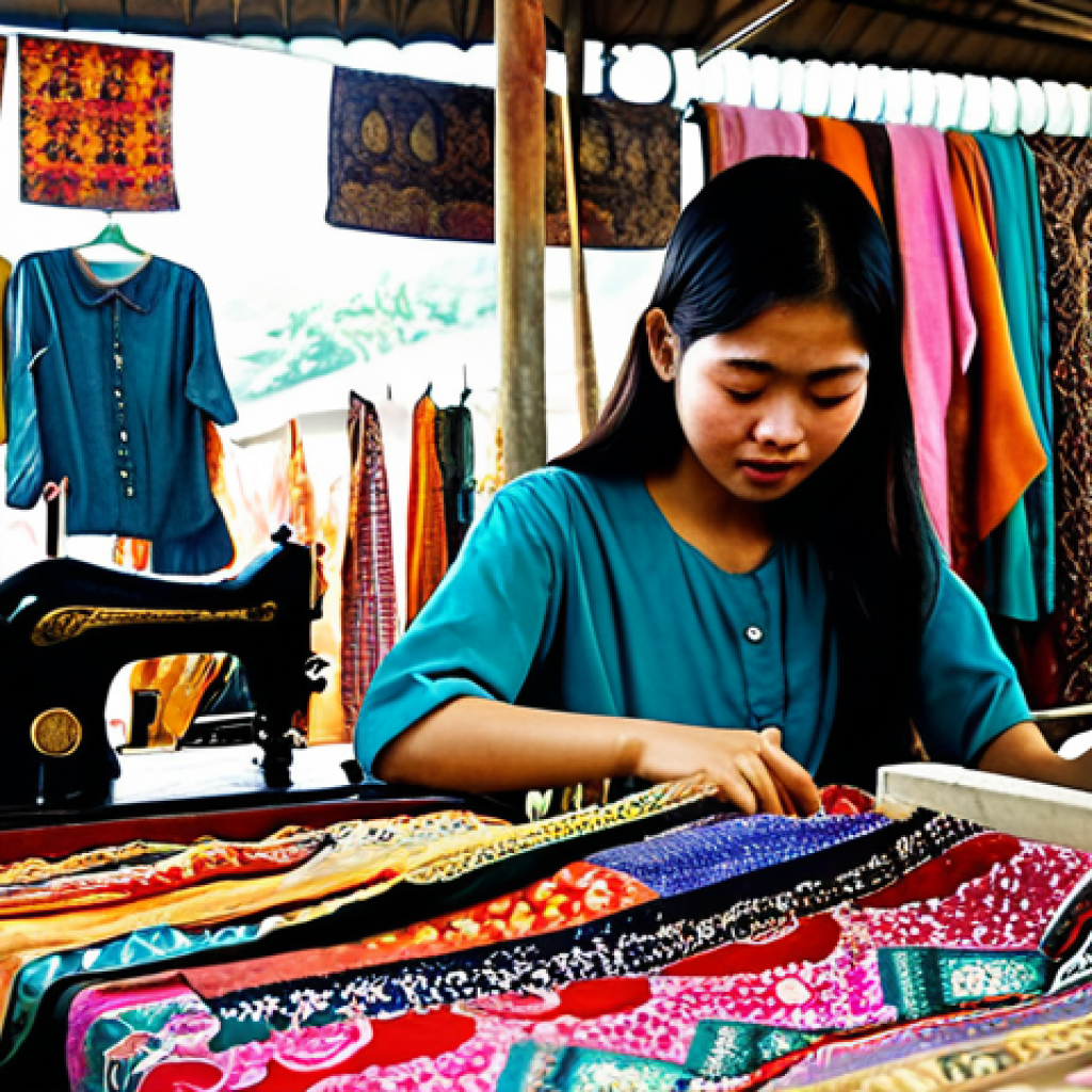 **
A young Malaysian woman browsing a "pasar lambak" (flea market), surrounded by stalls overflowing with vintage clothing and textiles. She's carefully examining a colourful batik top. Focus on the vibrant colours and textures of the fabrics. Include details like woven baskets, old Singer sewing machines, and other vintage items in the background. The overall feel should be authentic and bustling, capturing the spirit of Malaysian thrift culture. safe for work, appropriate content, fully clothed, modest, family-friendly, professional.
**