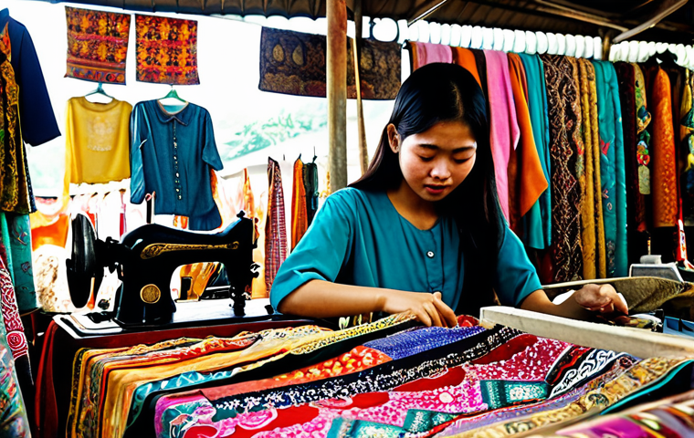 **
A young Malaysian woman browsing a "pasar lambak" (flea market), surrounded by stalls overflowing with vintage clothing and textiles. She's carefully examining a colourful batik top. Focus on the vibrant colours and textures of the fabrics. Include details like woven baskets, old Singer sewing machines, and other vintage items in the background. The overall feel should be authentic and bustling, capturing the spirit of Malaysian thrift culture. safe for work, appropriate content, fully clothed, modest, family-friendly, professional.
**