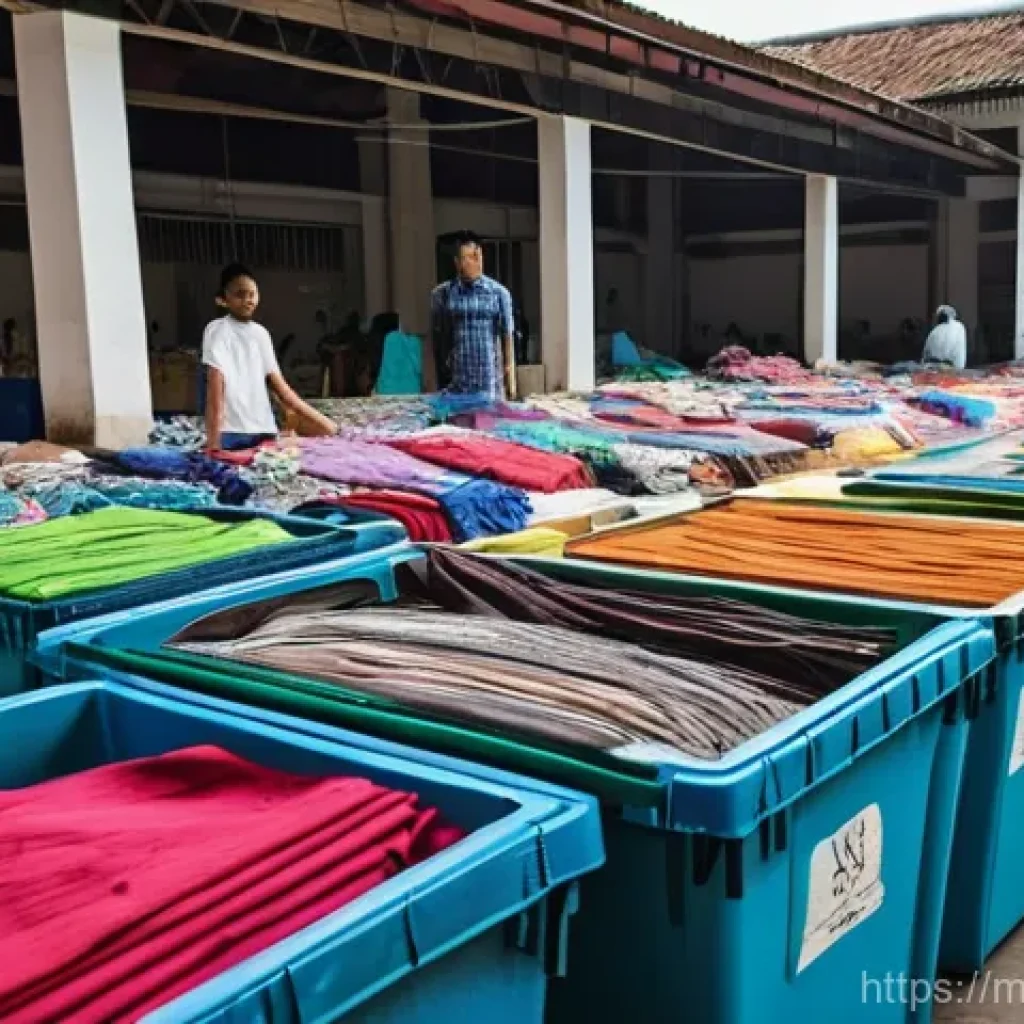 재생 섬유 활용을 위한 협력 네트워크 구축 - **Textile Collection and Community Action in Malaysia:**
A vibrant, wide-angle shot of a bustlin...