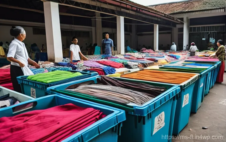재생 섬유 활용을 위한 협력 네트워크 구축 - **Textile Collection and Community Action in Malaysia:**
A vibrant, wide-angle shot of a bustlin...