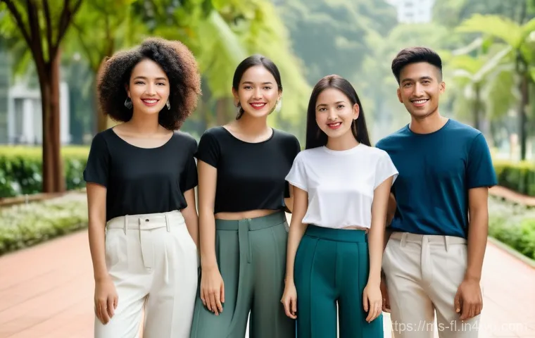 재생 섬유의 심리적 소비 요인 - **Sustainable Serenity in the City Park:**
A group of ethnically diverse young adults, perhaps t...